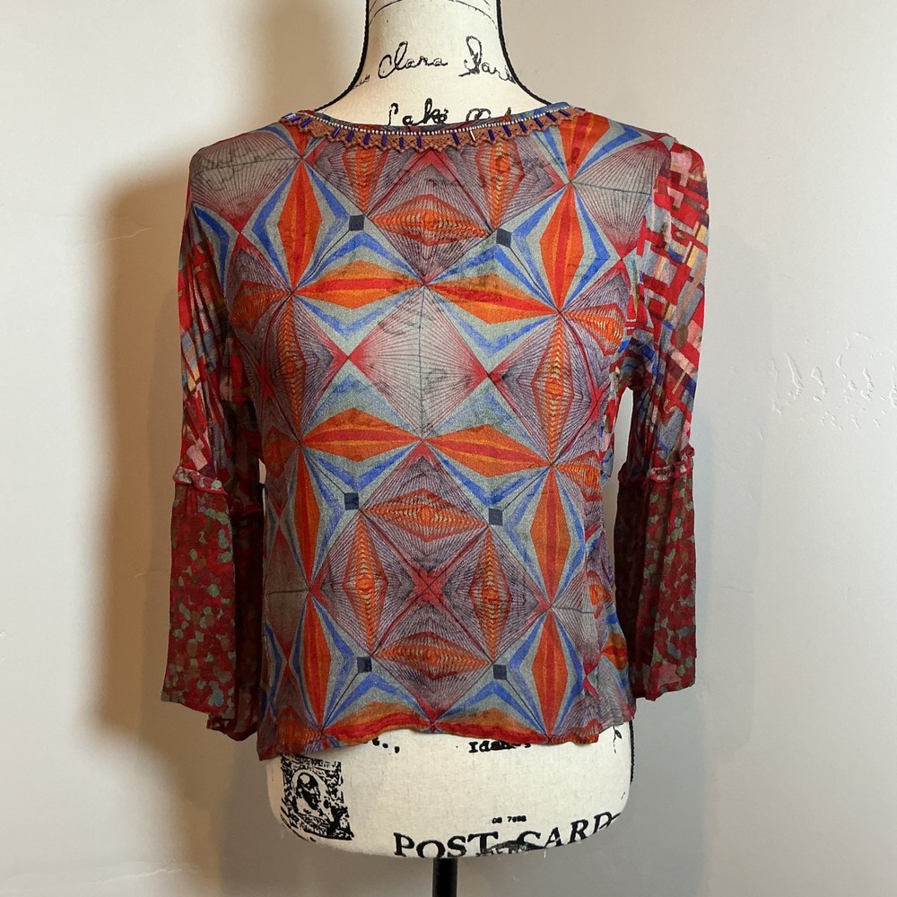 Blank London Boho Geometric Print Bell Sleeve Beaded Blouse Red Multi PM